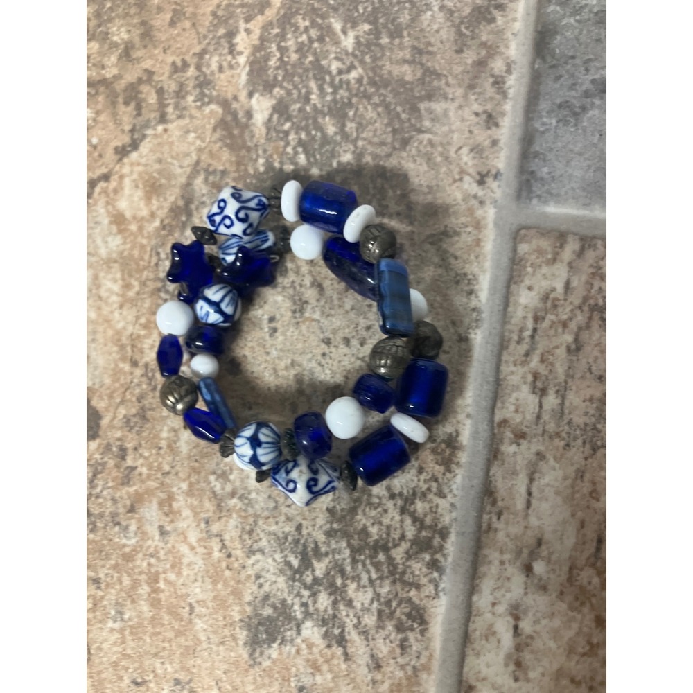 Blue White Beaded Stretch Bracelet‎ Chinoiserie Style Charm Bracelet